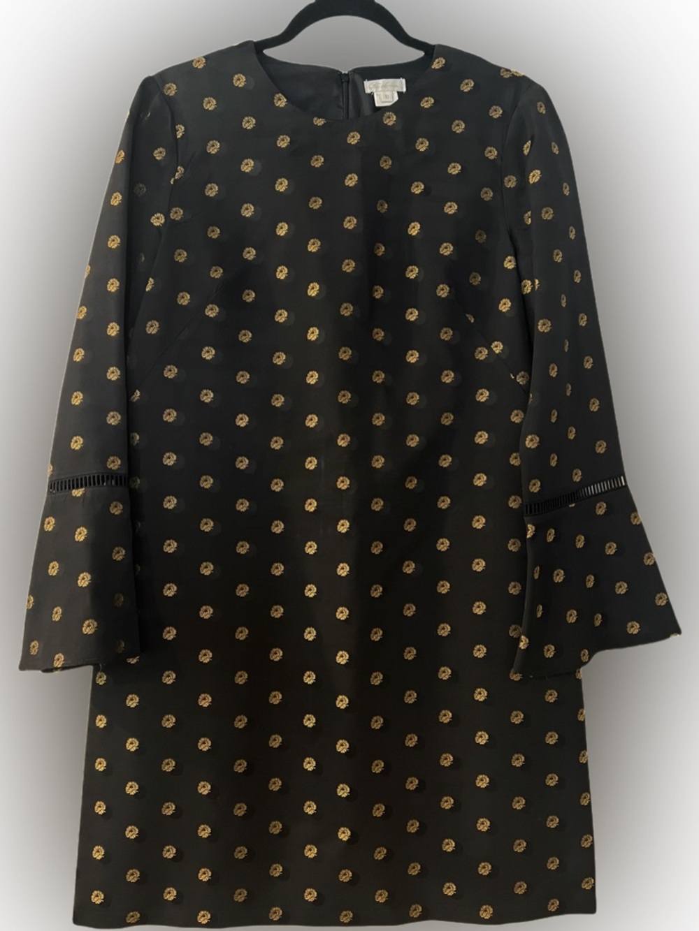 Shoshanna Black Gold Brocade Embroidered Long Sleeve Designer Dress 10 Medium